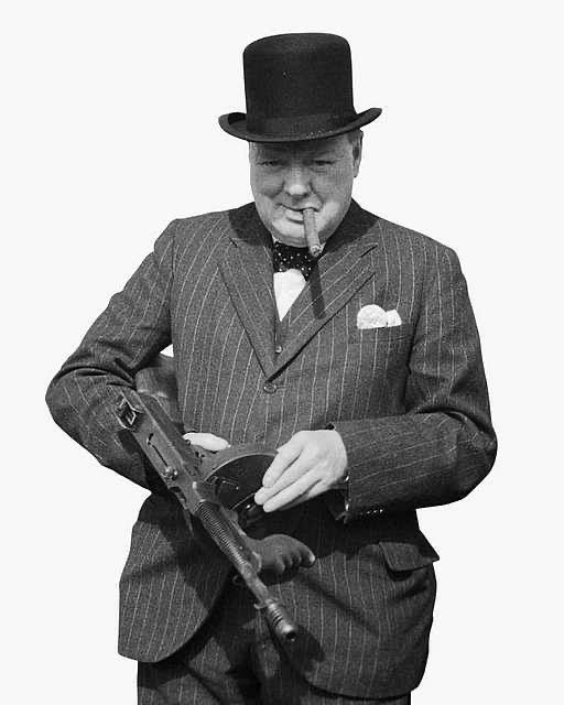 Winston Churchill with a Tommy gun